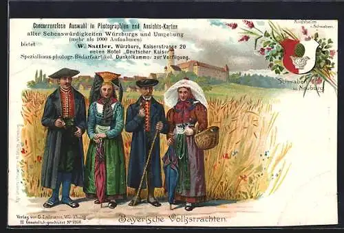 Lithographie Kirchheim i. Schwaben, Frauen und Männer in Bayerischen Volkstrachten