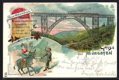 Lithographie Müngsten, Kaiser-Wilhelm-Brücke, Höchste Brücke Deutschlands mit Eisenbahn, Frau auf Esel