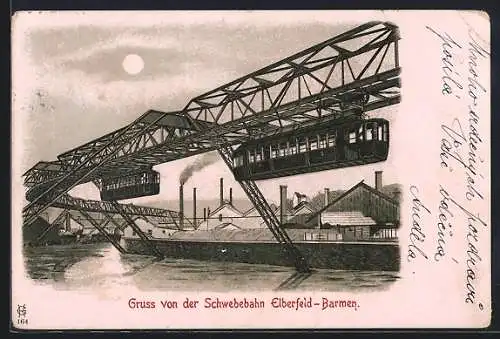 Lithographie Elberfeld-Barmen, Schwebebahn passiert eine Fabrik