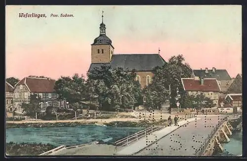 AK Weferlingen, Ortsansicht mit Kirche und Brücke