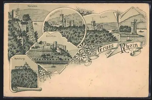 Lithographie Lahneck, Rheinstein, Rheinfels, Marxburg