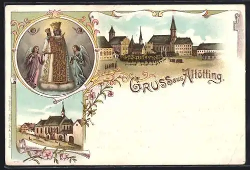 Lithographie Altötting, Partie mit Kirche und Marienbild