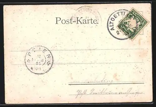 Lithographie Altötting, Partie mit Kirche und Marienbild