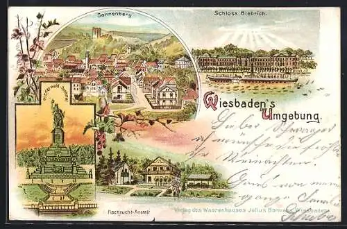 Lithographie Wiesbaden, Wiesbaden`s Umgebung-Sonnenberg, Schloss Biebrich, Niederwald-Denkmal, Fischzucht-Anstalt