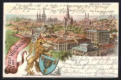 Lithographie Wiesbaden, Totalansicht aus der Vogelschau mit Wappen