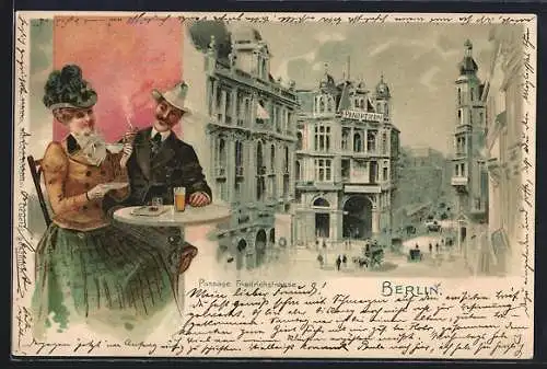 Lithographie Berlin, Passage Friedrichstrasse, Mann und Frau am Tisch im Cafe