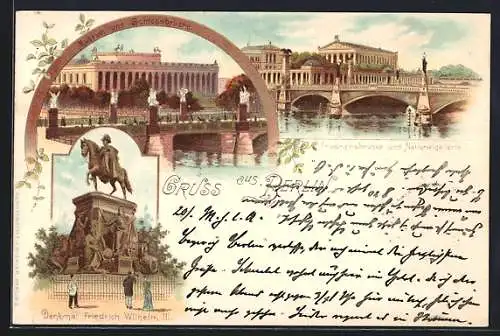 Lithographie Berlin, Friedrichsbrücke und Nationalgallerie, Museum und Denkmal Friedrich Wilhelm III