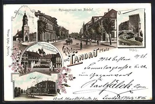 Lithographie Landau /Pfalz, Ostbahnstrasse mit Bahnhof, Trifels, Stiftskirche, Max-Josefs-Platz