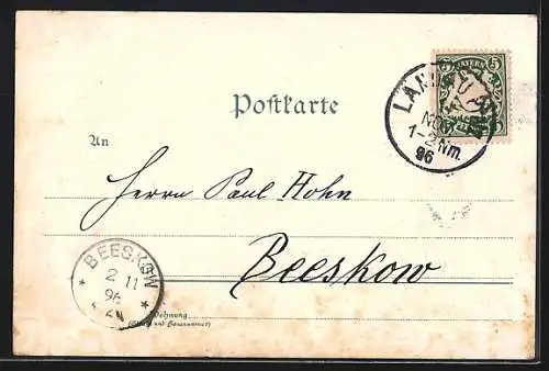 Lithographie Landau /Pfalz, Ostbahnstrasse mit Bahnhof, Trifels, Stiftskirche, Max-Josefs-Platz