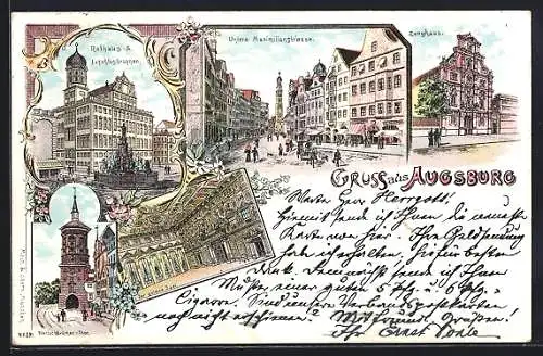 Lithographie Augsburg, Zeughaus, Untere Maximilianstrasse, Rathaus & Augustusbrunnen, Wertachbrücker Thor