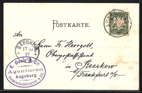 Lithographie Augsburg, Zeughaus, Untere Maximilianstrasse, Rathaus & Augustusbrunnen, Wertachbrücker Thor