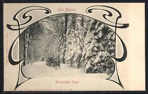 AK Schneegrüsse aus dem Harz, Pferdeschlitten, Jugendstil