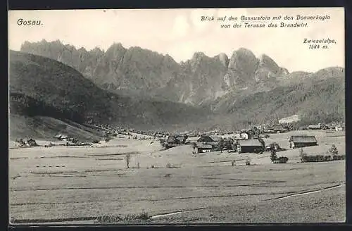 AK Gosau, Blick auf den Gosaustein mit den Donnerkogln von der Terrasse des Brandwirt