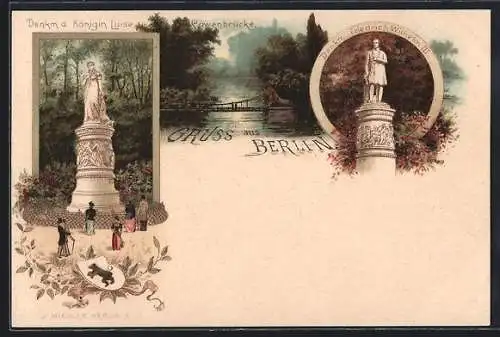 Lithographie Berlin-Tiergarten, Löwenbrücke, Denkmal der Königin Luise, Denkmal Friedrich Wilhelm III.