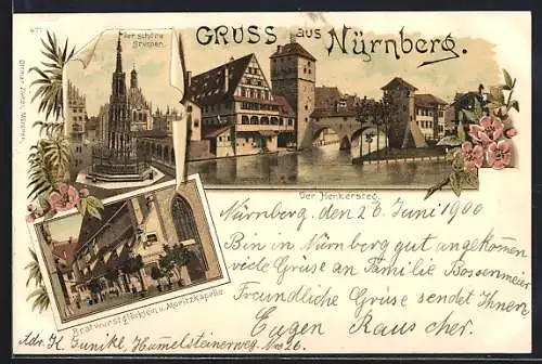 Lithographie Nürnberg, Henkersteg, Bratwurstglöcklein & Moritzkapelle, Schreibfaul