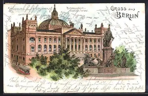 AK Berlin-Tiergarten, Reichstagsgebäude und Bismarck-Denkmal, Strassenbahn