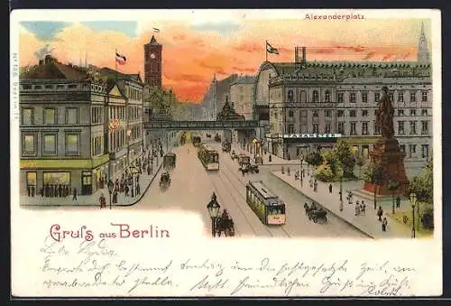 Lithographie Berlin, Alexanderplatz mit Konditorei Cafe, Strassenbahn