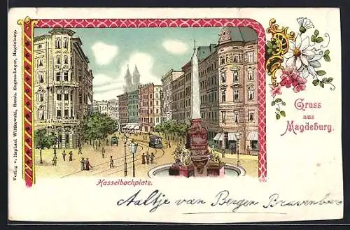 Lithographie Magdeburg, Am Hasselbachplatz, Strassenbahn