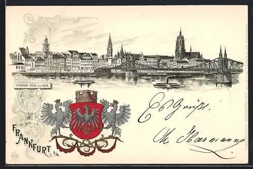 Lithographie Alt-Frankfurt, Eiserner Steg und Dom, Dampfer, Wappen