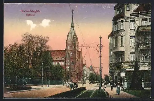 AK Berlin-Steglitz, Abendstimmung am Rathaus