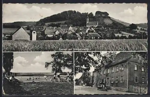 AK Castell am Steigerwald, Gasthaus zum Schwan, Freibad, Ortsansicht