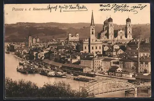 AK Passau, Stadtansicht mit der Brücke von der Rieserstrasse aus