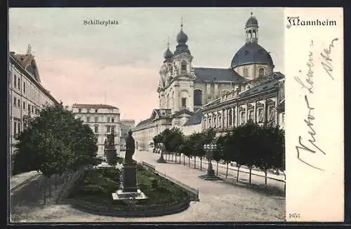 AK Mannheim, Schillerplatz mit Kirche und Denkmälern