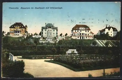 AK Chemnitz, Rosarium im Stadtpark mit Villenanlage