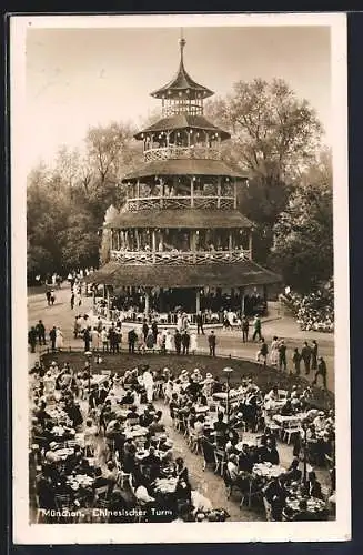 AK München-Schwabing, Passanten am Chinesischen Turm