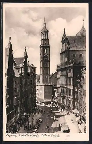 AK Augsburg, Maximilianstrasse mit Rathaus Perlach aus der Vogelschau