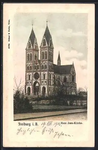 AK Freiburg i. B., Herz Jesu-Kirche mit Strasse