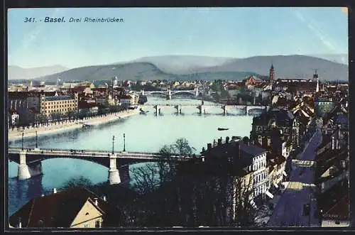 AK Basel, Drei Rheinbrücken mit Strasse und Bergpanorama aus der Vogelschau