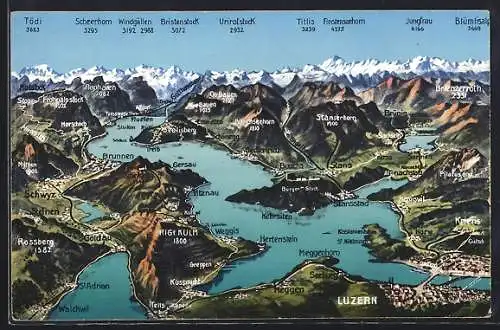 Künstler-AK Luzern, Ortsansicht mit Umgebung aus der Vogelschau, mit Rigi-Kulm, Brunnen, Urirotstock