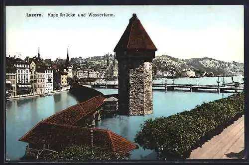 AK Luzern, Kapellbrücke und Wasserturm