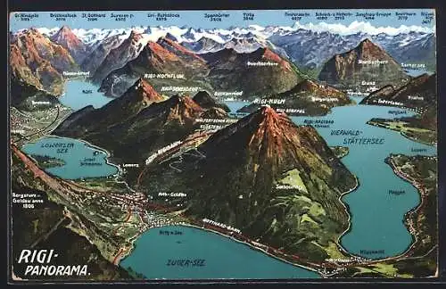 Künstler-AK Arth a. See, Rigi-Panorama mit Seen und Alpen aus der Vogelschau