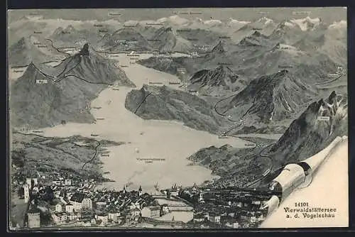 AK Luzern, Ortsansicht & Vierwaldstättersee aus der Vogelschau, um 1900