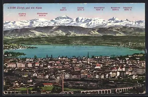 AK Zürich, Totalansicht mit See und Alpenpanorama aus der Vogelschau