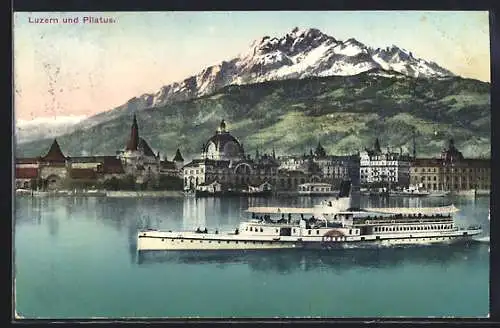 AK Luzern, Panorama mit Dampfer und Pilatus