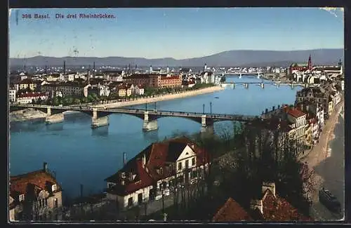 AK Basel, Die drei Rheinbrücken aus der Vogelschau
