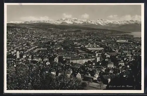 AK Zürich, Gesamtansicht mit Alpen aus der Vogelschau