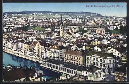 AK Zürich, Limmatquai und Zürichberg aus der Vogelschau