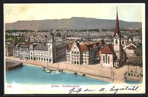 AK Zürich, Stadthausquai mit Kirche und Ortsansicht aus der Vogelschau