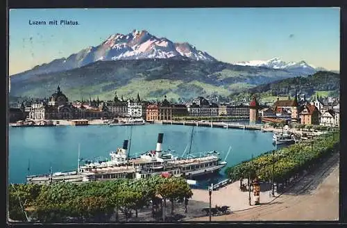 AK Luzern, Teilansicht mit Dampfer, Uferstrasse und Pilatus