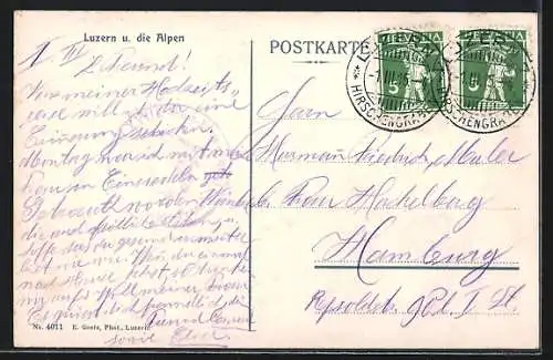 AK Luzern, Teilansicht mit Kirche u. Alpen aus der Vogelschau