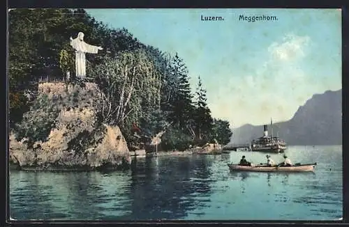 AK Luzern, Meggenhorn, Seepartie mit Christus-Statue, Boot u. Dampfer