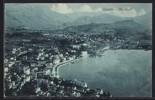 AK Lugano-Paradiso, Gesamtansicht mit Bergpanorama aus der Vogelschau