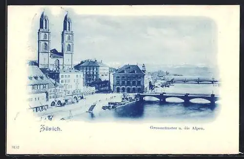 AK Zürich, Grossmünster und die Alpen