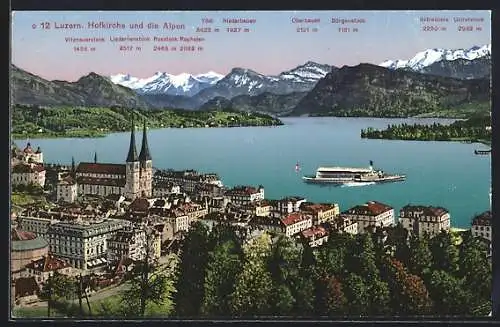 AK Luzern, Teilansicht mit Hofkirche und Alpen aus der Vogelschau