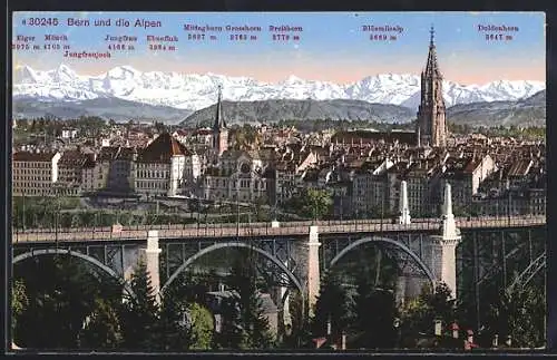 AK Bern, Ortspanorama mit Brücke und Alpenblick