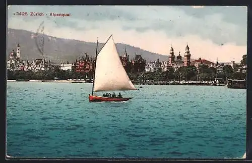 AK Zürich, Alpenquai, Panorama mit Segelboot